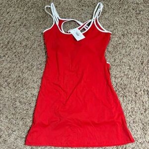 Red Sleeveless Dress with White Trim